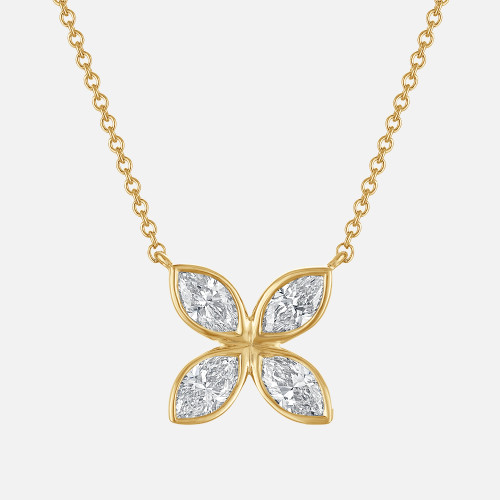 Refined diamond flower necklace with four marquise diamonds, bezel set in yellow gold