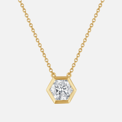 Refined bezel set hexagon shaped diamond pendant in yellow gold