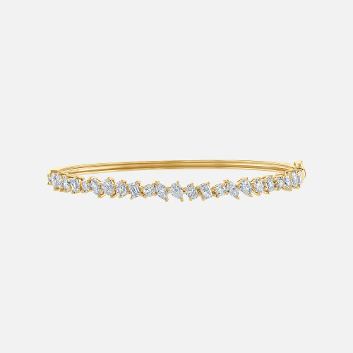 Refined yellow gold diamond bangle bracelet with pear, marquise, round and emerald cut diamonds