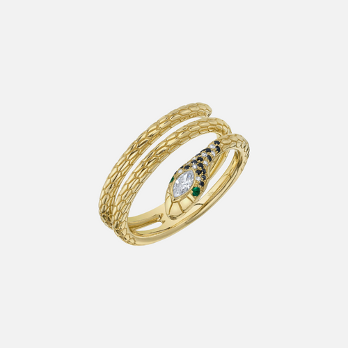 Black and White Diamond and Emerald Snake Ring