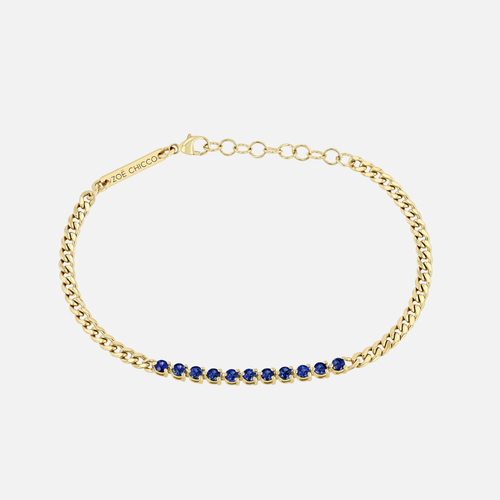 Blue Sapphire Tennis Segment Small Curb Chain Gold Bracelet