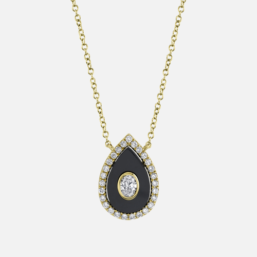 Shy Creation Diamond and Black Onyx Teardrop Pendant Necklace