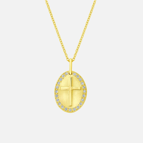 Rahaminov Cross Oval Disc Gold and Diamond Halo Necklace