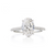A pave style engagement ring with a platinum band and a 2.65 carat oval cut center stone that is an E color and SI1 clarity according to GIA.
