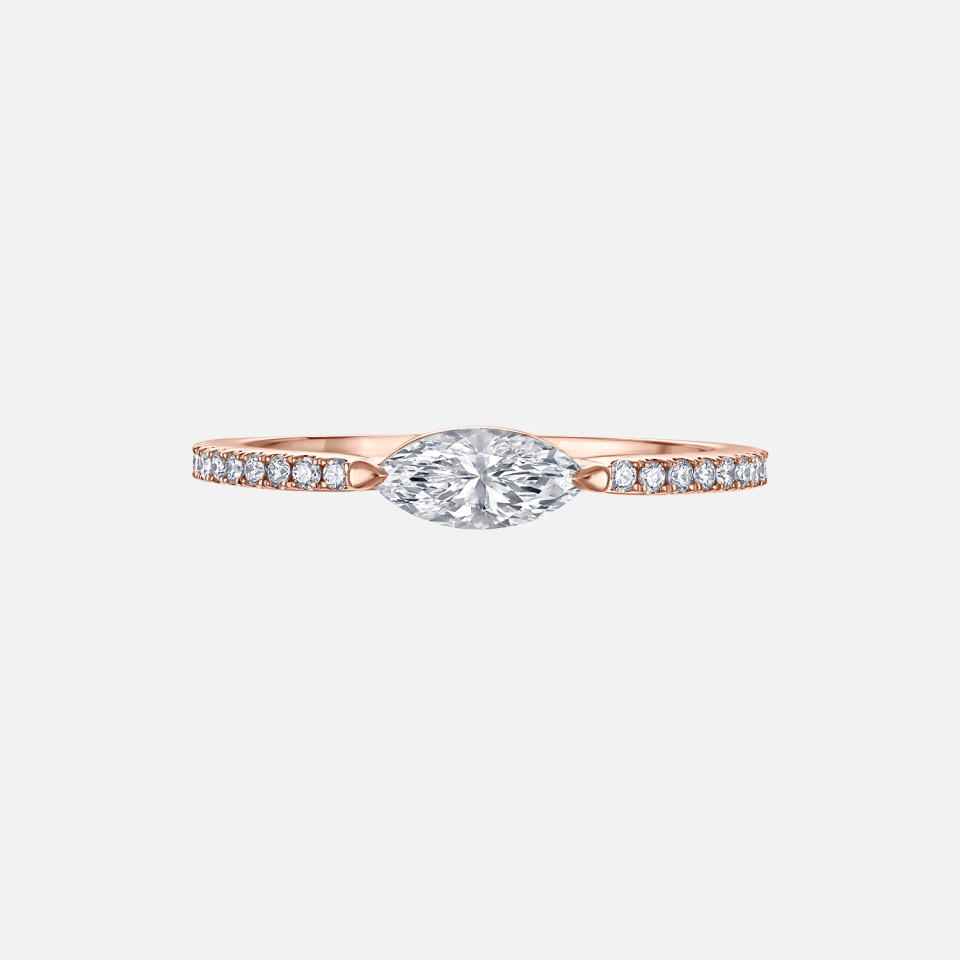 Refined pave diamond ring with marquise diamond center in rose gold
