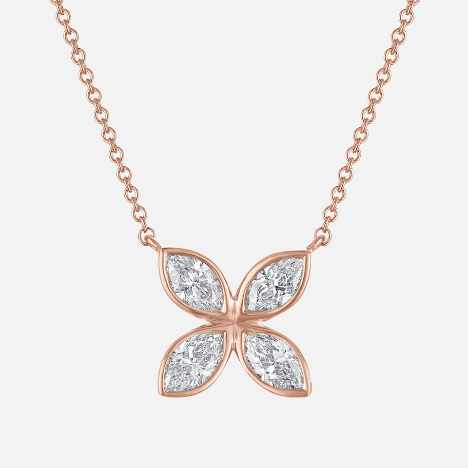 Refined diamond flower necklace with four marquise diamonds, bezel set in rose gold