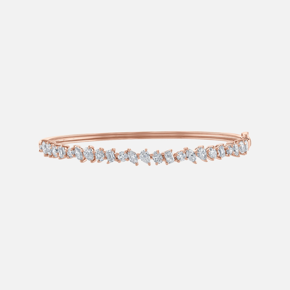 Refined rose gold diamond bangle bracelet with pear, marquise, round and emerald cut diamonds