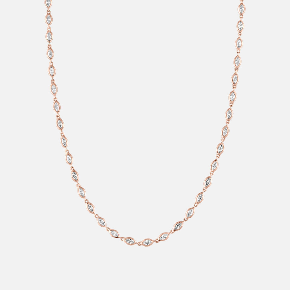 Refined marquise diamond tennis necklace, bezel set in rose gold