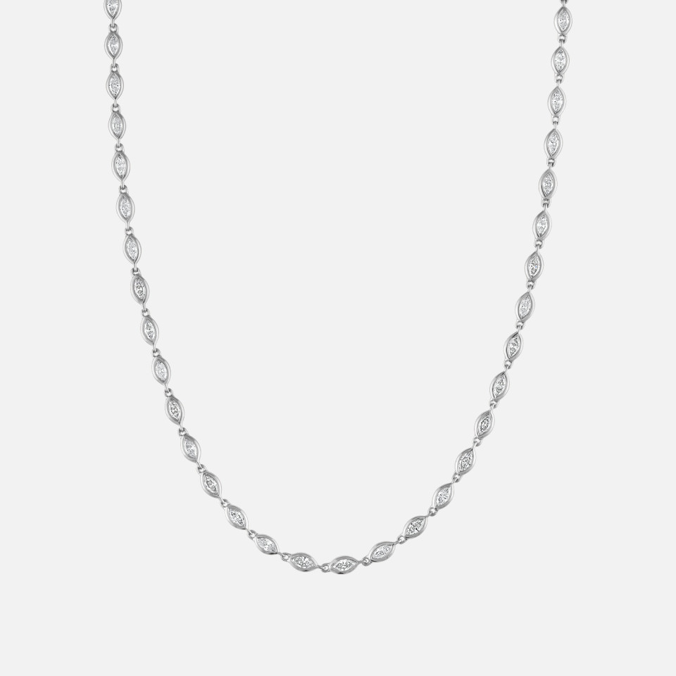Refined marquise diamond tennis necklace, bezel set in white gold