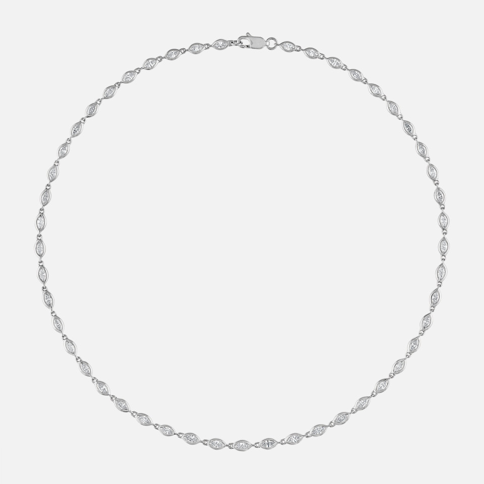 Refined marquise diamond tennis necklace, bezel set in white gold