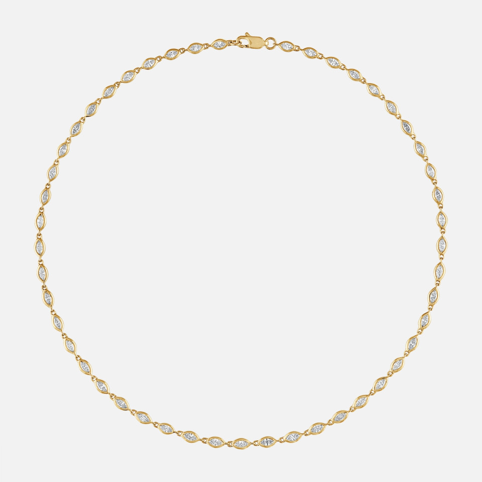 Refined marquise diamond tennis necklace, bezel set in yellow gold