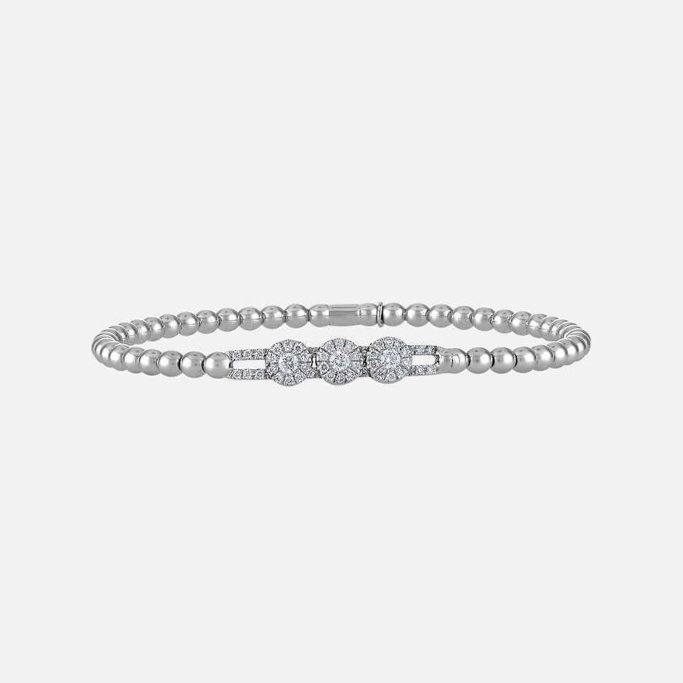 Triple Circle Diamond Slider Beaded Stretch Bracelet in white gold