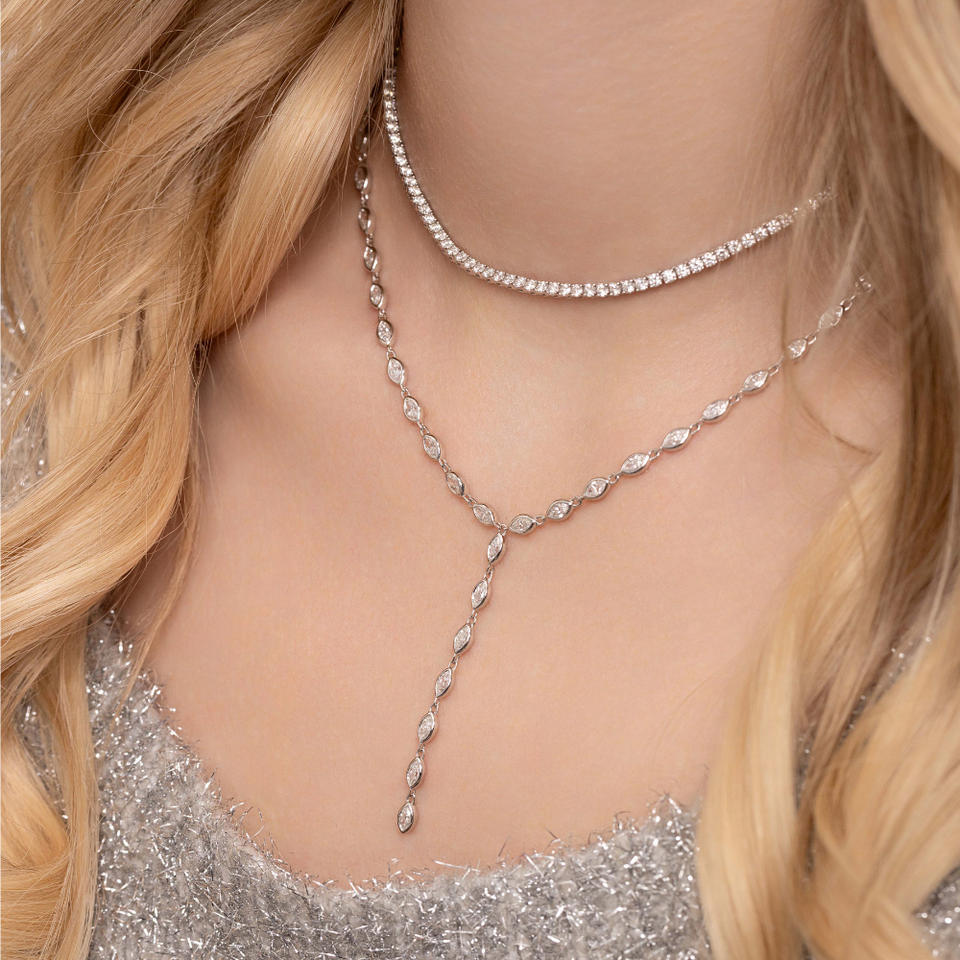 Refined marquis diamond lariat necklace bezel set