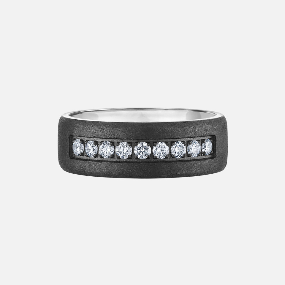 tantulum with white gold mens wedding band accented with 9 round diamonds in the center with white gold in the inside