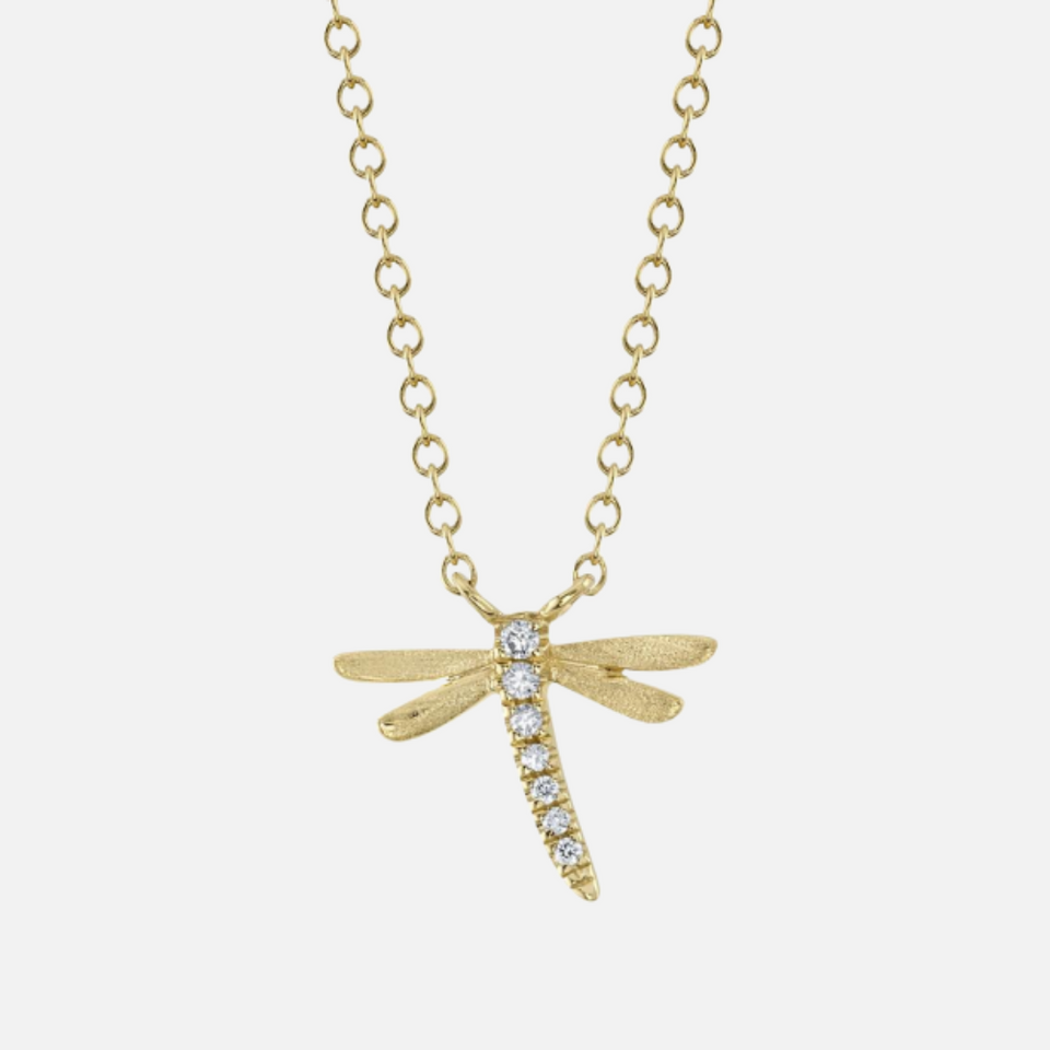 Shy Creation Diamond Dragonfly Necklace: This 14k yellow gold necklace features a dragonfly pendant adorned with seven round diamonds.