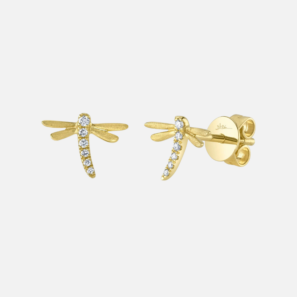 Shy Creation Diamond Dragonfly Earrings in yellow gold, at Razny Jewelers