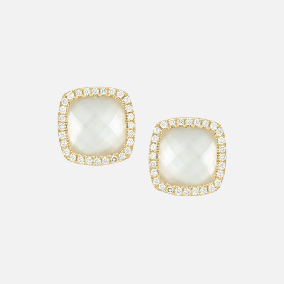 18K Yellow Gold Clear Quartz Over Mother-of-Pearl and Diamond Earrings