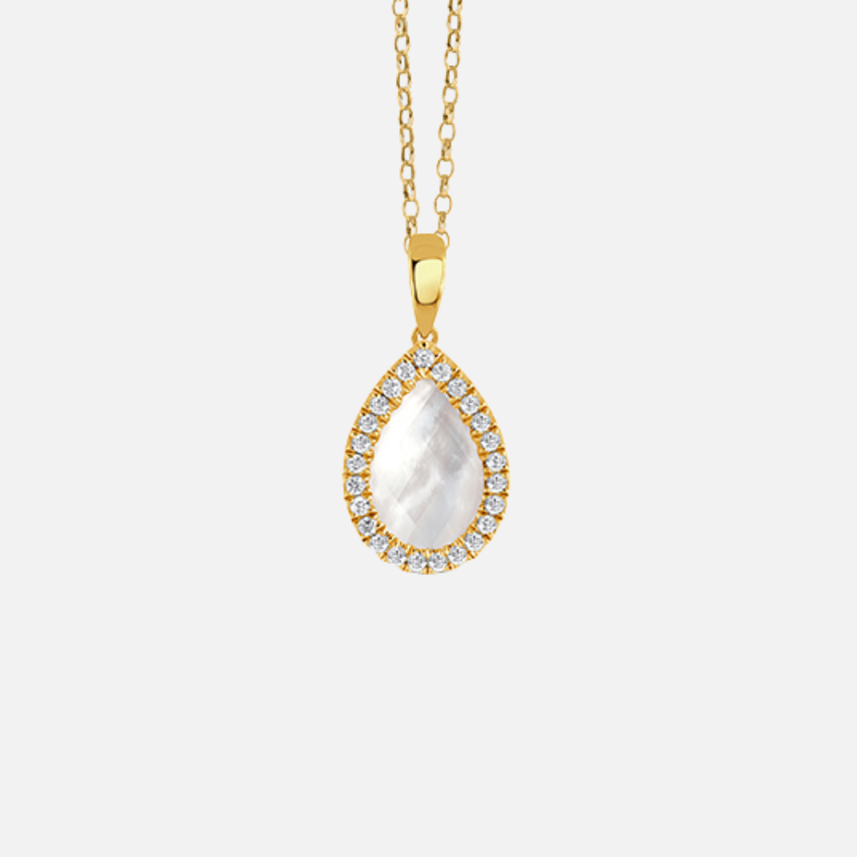 Teardrop Mother of Pearl and Diamond Halo Pendant Necklace