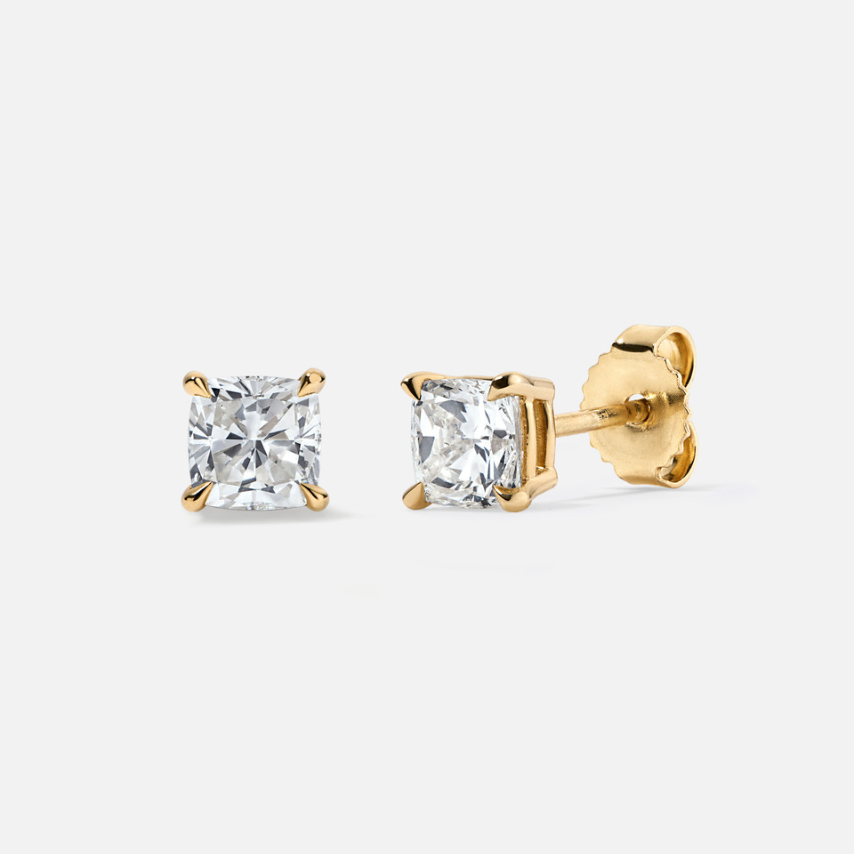 Cushion-Cut Diamond Stud Earrings in 14k yellow gold
