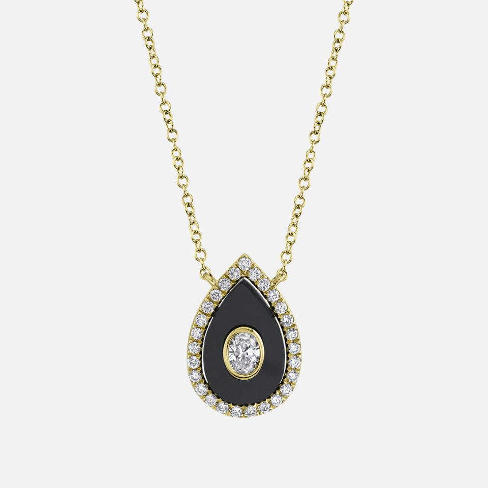 Shy Creation Diamond and Black Onyx Teardrop Pendant Necklace