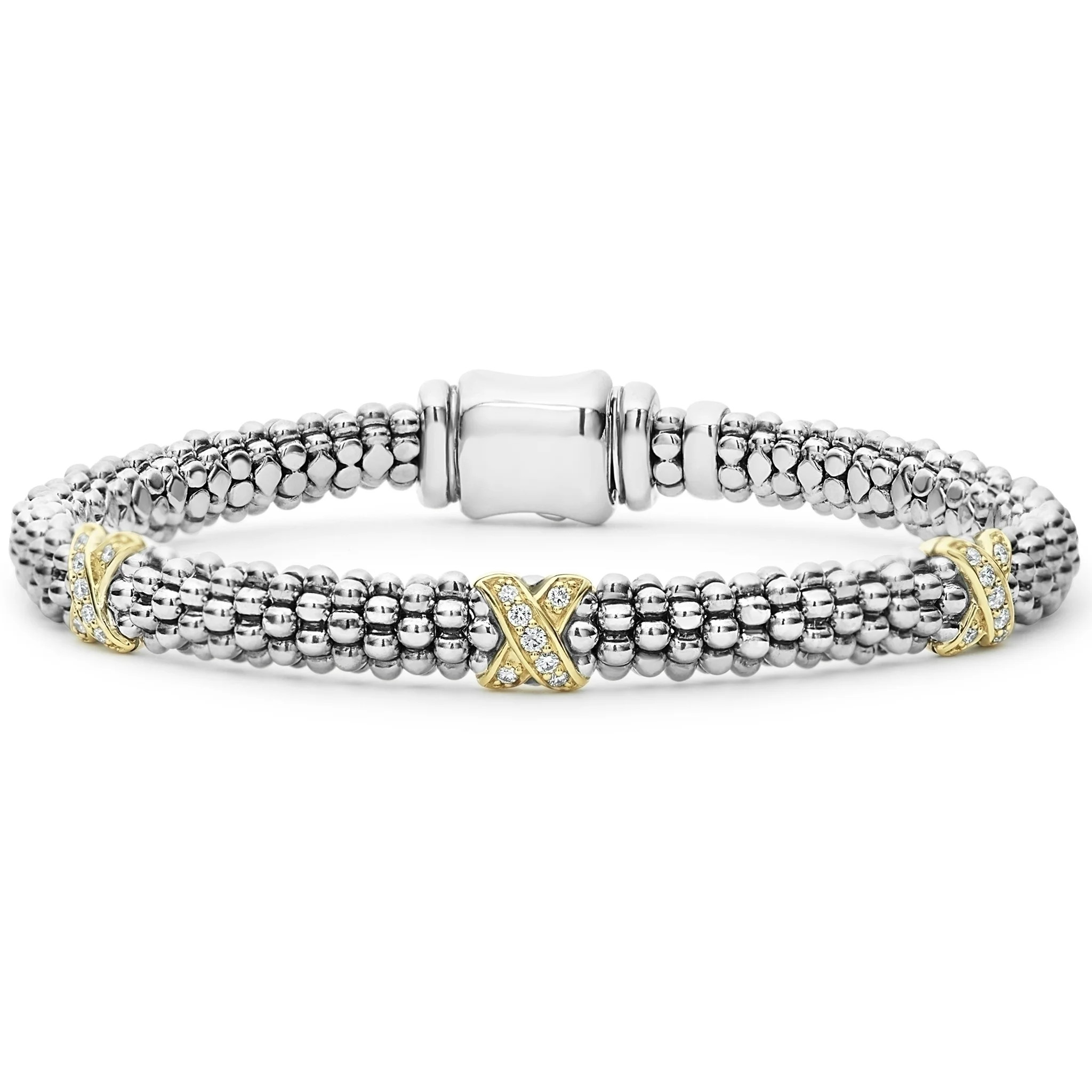 Three-Station Gold X Diamond Caviar Bracelet