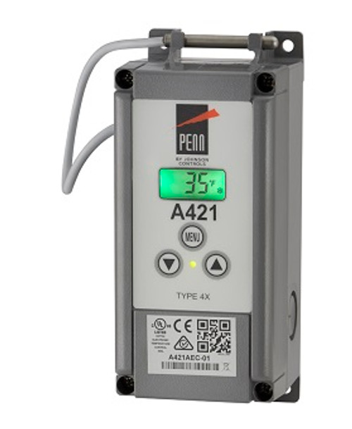 The A421 Series controls are single stage, electronic temperature controls with a single-pole, double-throw (SPDT) output relay. The controls feature an adjustable backlit LCD for viewing the temperature and status of other functions, and a three-button touchpad for setup and adjustment. An LED indicates the On/Off status of the output relay.The A421 controls are available in low voltage 24 VAC and high voltage 120 or 240 VAC models, which provide options for most refrigeration and HVAC applications.ELECTRONIC SINGLE STAGE T