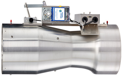 Hospitals, universities, and research facilities across the globe trust Johnson Controls Venturi Valves to protect their occupants from dangerous airborne pathogens and chemicals. Johnson Controls Venturi Valves maintain the desired airflow regardless of duct pressure. This is accomplished with a cone and spring-loaded piston inside the cone. As the duct pressure increases, the spring compresses and pushes the cone further into the shell. This mechanism keeps the volumetric flow rate constant as air travels through the valve and duct pressure varies. Johnson Controls Venturi Valves utilize fast-acting electric actuators that provide a rapid response to changing conditions. This rapid response ensures the airflow is maintained which is critical in areas requiring a specific threshold of air flow in order to protect individuals from airborne chemicals or particulates.JCI VENTURI VLV,1X10IN,AL,NO INSL,FAST ACTING,FS,DOWN FLOW,LP,UVM