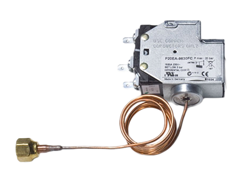 The P20 series high and low limit (cut-out) controls for all non-corrosive refrigerants are compact pressure controls ideally suited for commercial or residential packaged air conditioning units, heat pumps, small water chillers, ice cube machines and other applications where a semi fixed setting is acceptable or required and where mounting space is limited. The P20 series includes auto reset as well as manual reset models and is factory set. A special setting tool is available while also field (screwdriver) adjustable models can be chosen.PRESS SWITCH ST500.7/2.9M