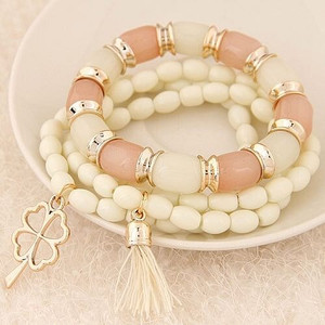 Golden Four-leaf Clover and Tassel Pendants Multi-layer Beads Fashion Bracelet - White A392-fabr1197 Golden Four-leaf Clover and Tassel Pendants Multi-layer Beads Fashion Bracelet - White A392-fabr1197