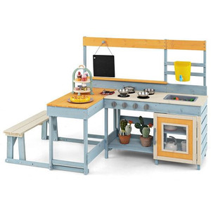 Fir Wood Play Kitchen with Kids Picnic Table and Built-in Bench-Gray - Color: Gray D681-TP10277GR Fir Wood Play Kitchen with Kids Picnic Table and Built-in Bench-Gray - Color: Gray D681-TP10277GR