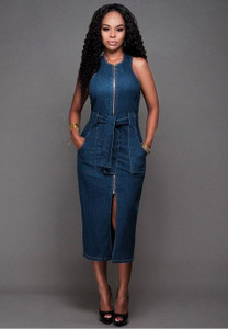 Front Zip Sleeveless Denim Dress H721-SMR8237 Front Zip Sleeveless Denim Dress H721-SMR8237
