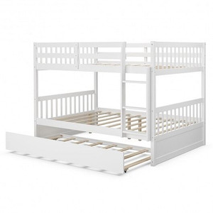 Full over Full Bunk Bed Platform Wood Bed with Ladder-White - Color: White D681-HW65358WH+ Full over Full Bunk Bed Platform Wood Bed with Ladder-White - Color: White D681-HW65358WH+