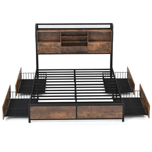 Full/Queen Size Bed Frame with Bookcase Headboard and 4 Storage Drawers-Queen Size - Color: Rustic D681-HU10618US-Q+ Full/Queen Size Bed Frame with Bookcase Headboard and 4 Storage Drawers-Queen Size - Color: Rustic D681-HU10618US-Q+