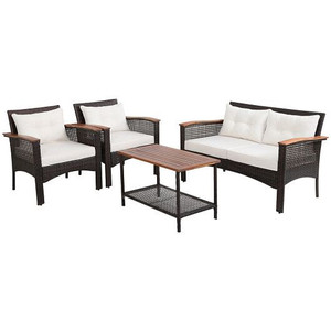 4 Pieces Patio Rattan Acacia Wood Furniture Set with Cushions and Armrest - Color: Espresso D681-HW69538+ 4 Pieces Patio Rattan Acacia Wood Furniture Set with Cushions and Armrest - Color: Espresso D681-HW69538+