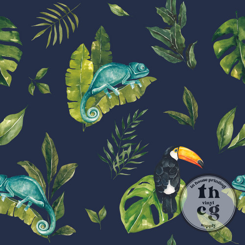 CR1233 Tropical Jungle Chameleon Foliage Navy Blue