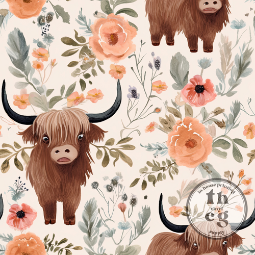 #1716 Brown Highland cows Florals