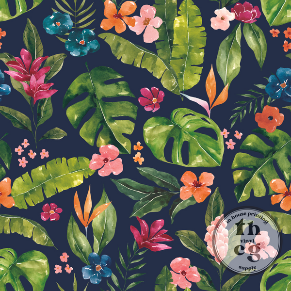 CR1229 Tropical Jungle Foliage Floral Navy Blue