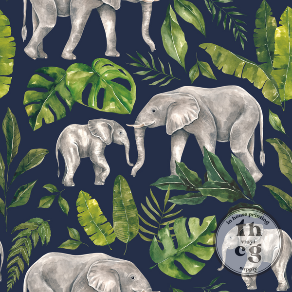 CR1237 Tropical Jungle Elephant Foliage Navy Blue