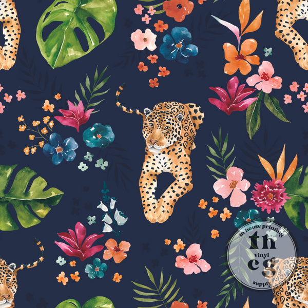 CR1239 Tropical Jungle Jaguar Floral Navy Blue