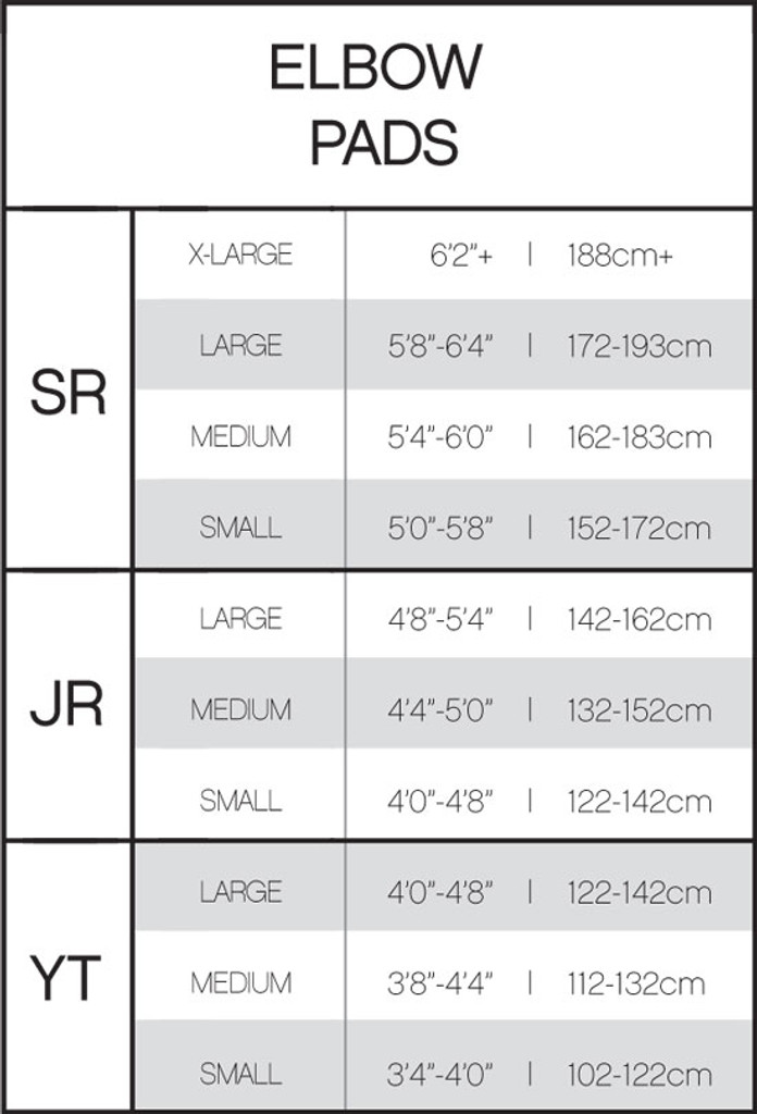 Hockey Elbow Pad Sizing Chart