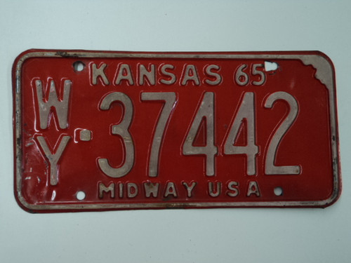 1965 KANSAS Midway USA License Plate WY 37442