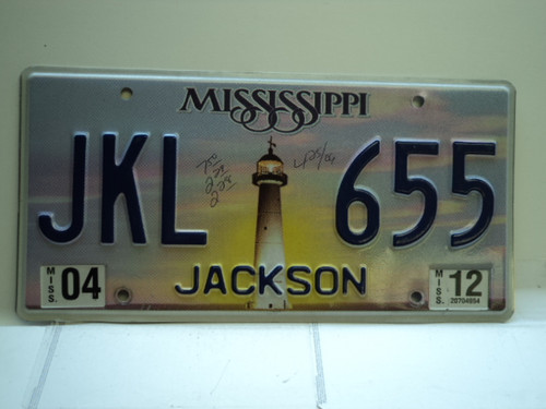 2012 MISSISSIPPI Lighthouse License Plate JKL 655