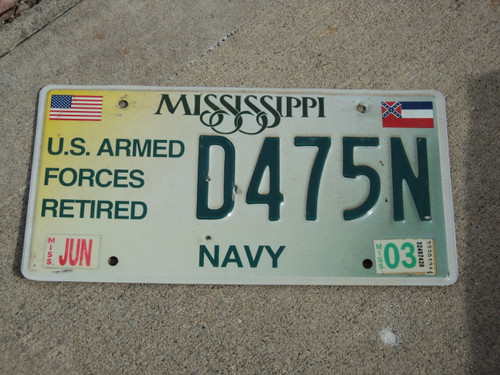 2003 MISSISSIPPI Armed Forces NAVY License Plate D475N