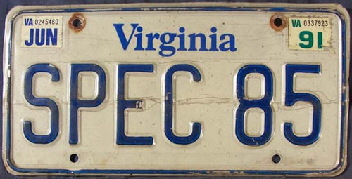 1991 Jun Virginia VANITY SPEC 85 License Plate