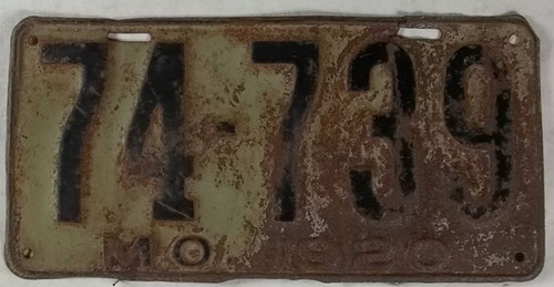 1920 Missouri License Plate 74-739 DMV Clear