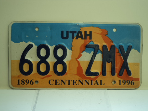 UTAH Centennial 1896 1996 License Plate 688 ZMX