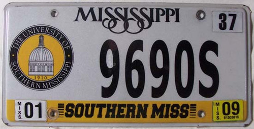 2009 Jan Mississippi Southern Miss License Plate