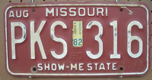 1982 Aug Missouri PKS-316 License Plate DMV Clear YOM