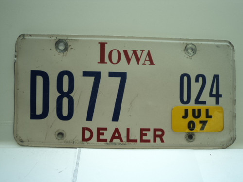 2007 IOWA Dealer License Plate  D877 024