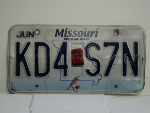 2012 MISSOURI Blue Bird License Plate KD4 S7N 1